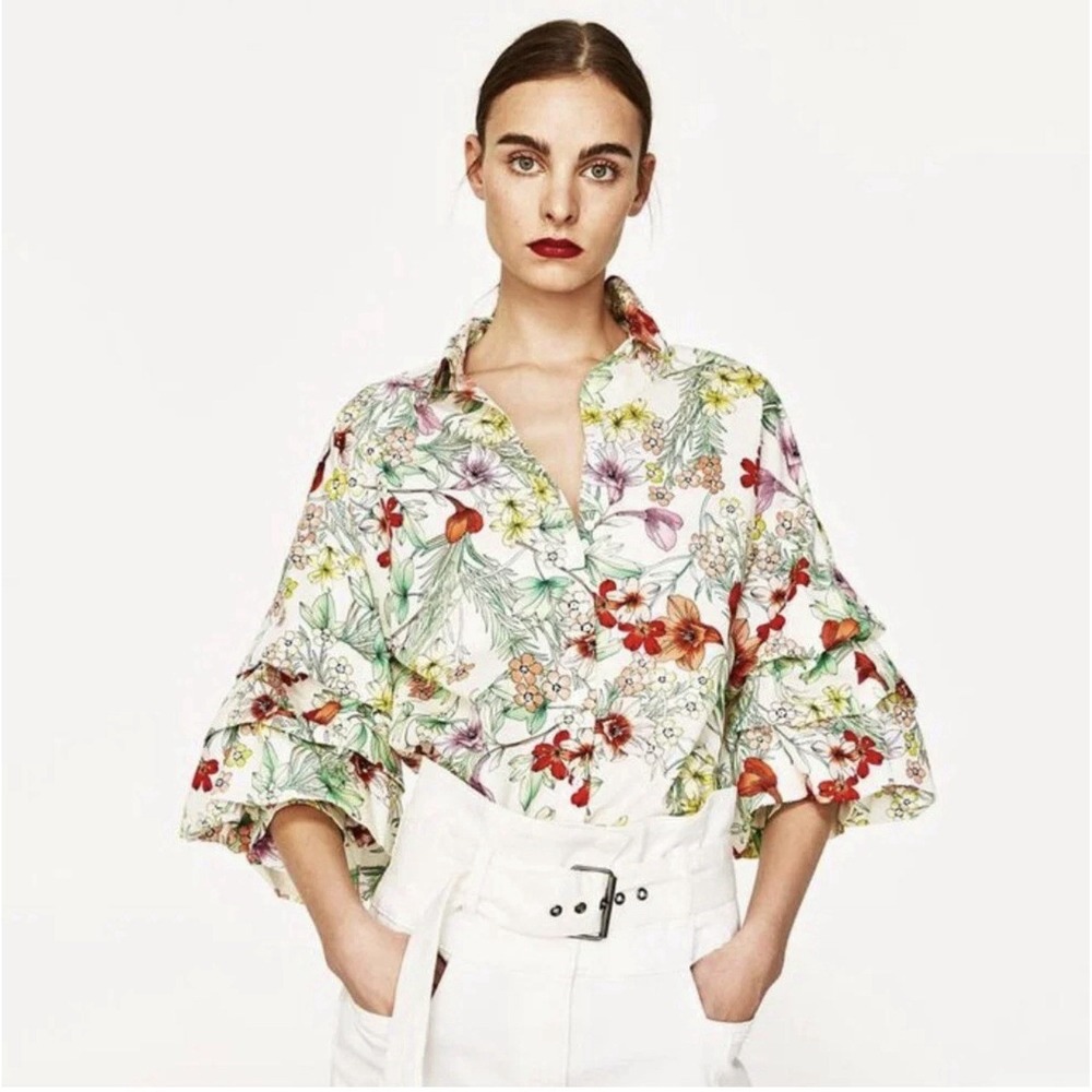 Zara Shirt Womens Cotton Bold Floral Button Up Gathered Puff Sleeve - Size XS